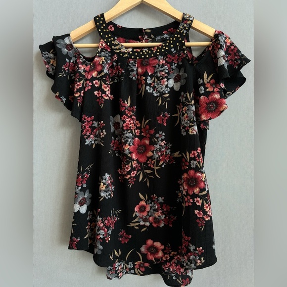 Philosophy Tops - Black Floral Blouse | Cold Shoulder Top